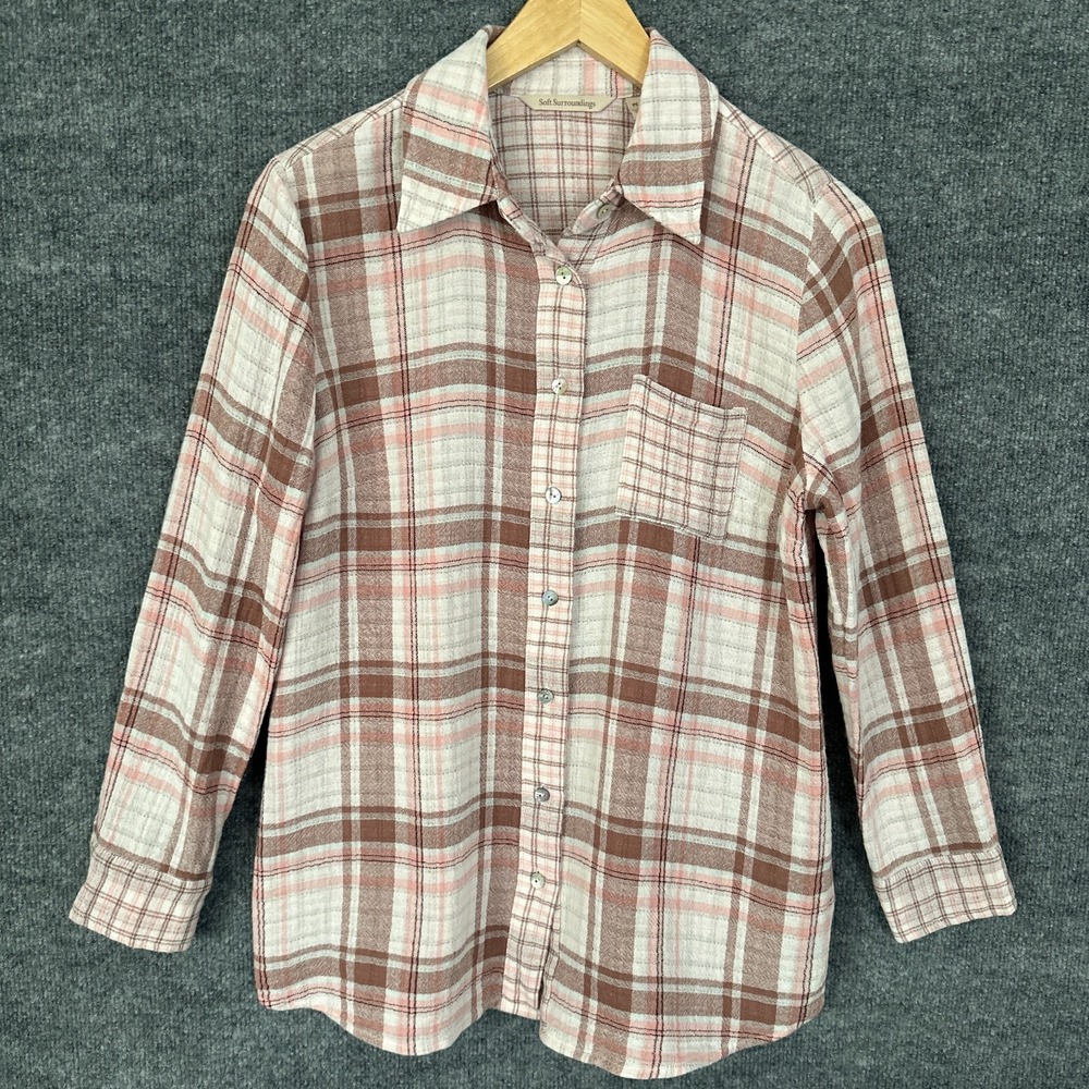 Soft Surroundings Shirt Womens PS Pink Plaid Gauze Lagenlook‎ Breezy Travel Top